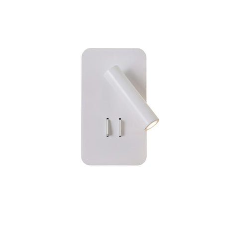 "A modern white rectangular wall-mounted reading lamp with an adjustable cylindrical spotlight, showcasing its minimalist design, isolated on a white background."