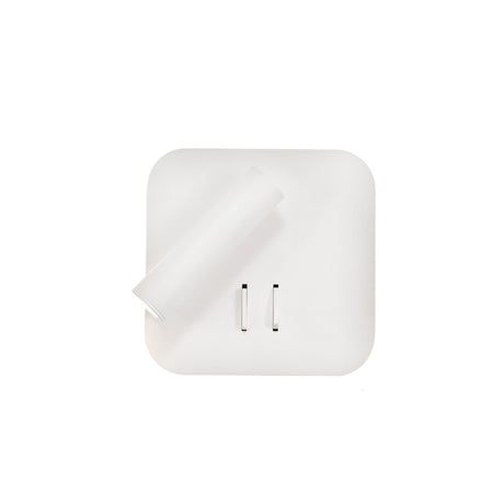 "A modern white square wall-mounted reading lamp with an adjustable cylindrical spotlight, showcasing its minimalist design, isolated on a white background."