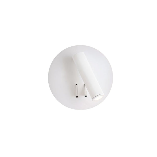 "A modern white wall-mounted reading lamp with a circular backplate and adjustable cylindrical spotlight, showcasing its minimalist design, isolated on a white background."