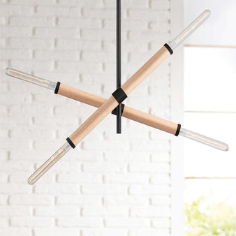 "Modern pendant light with a cross-shaped iron frame, natural wood accents, minimalist design suitable for contemporary interiors."