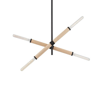 "Minimalist pendant light with a cross-shaped iron frame and natural wood accents, suitable for modern and contemporary spaces."