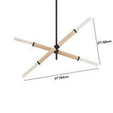 "Dimensions of a modern pendant light with a cross-shaped design, showcasing its wood and iron construction."