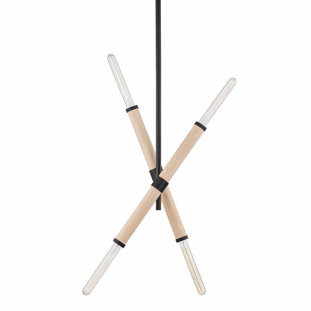 "Modern pendant light featuring a cross-shaped design with natural wood and iron construction, suitable for contemporary spaces."