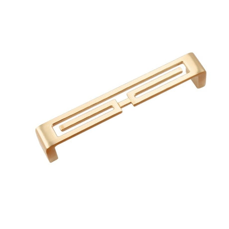"A brushed gold, geometric pull bar with bold cutouts, made of zinc alloy, isolated on a white background."