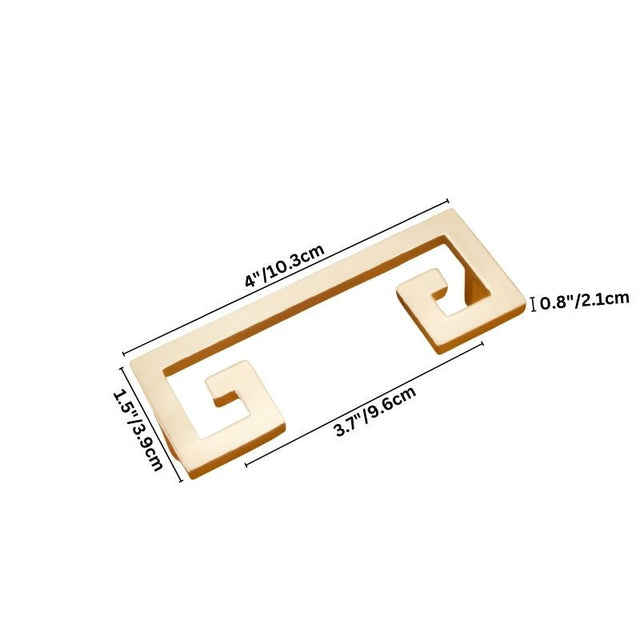 "A brushed gold, geometric pull bar with bold cutouts, made of zinc alloy, shown with dimensions."
