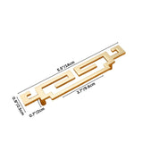 "A brushed gold, geometric pull bar with bold cutouts, made of zinc alloy, shown with dimensions."