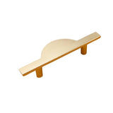 "A brushed gold, geometric half-moon pull bar made of zinc alloy, isolated on a white background."