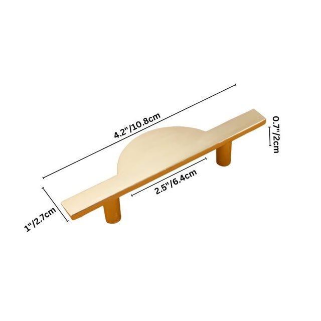 "A brushed gold, geometric half-moon pull bar with bold cutouts, made of zinc alloy, shown with dimensions."