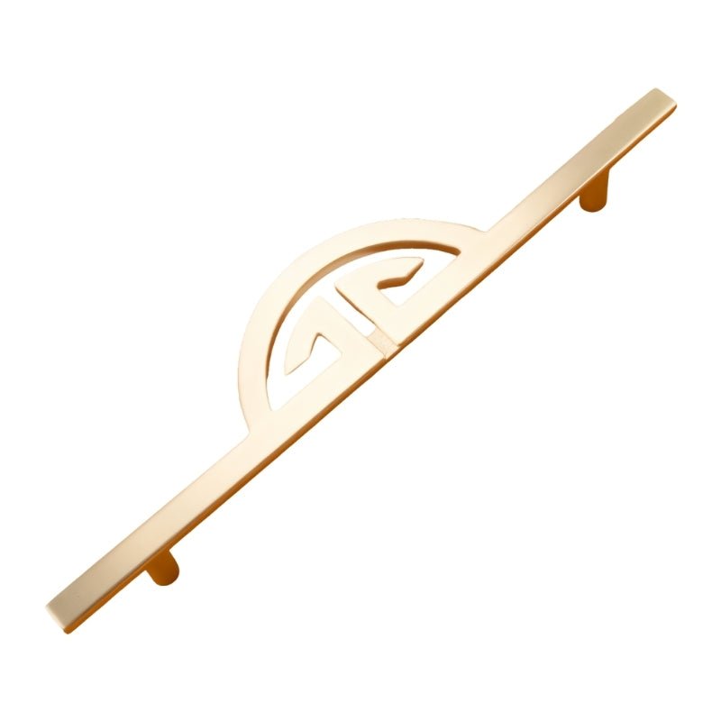 "A brushed gold, geometric half-moon pull bar made of zinc alloy, isolated on a white background."