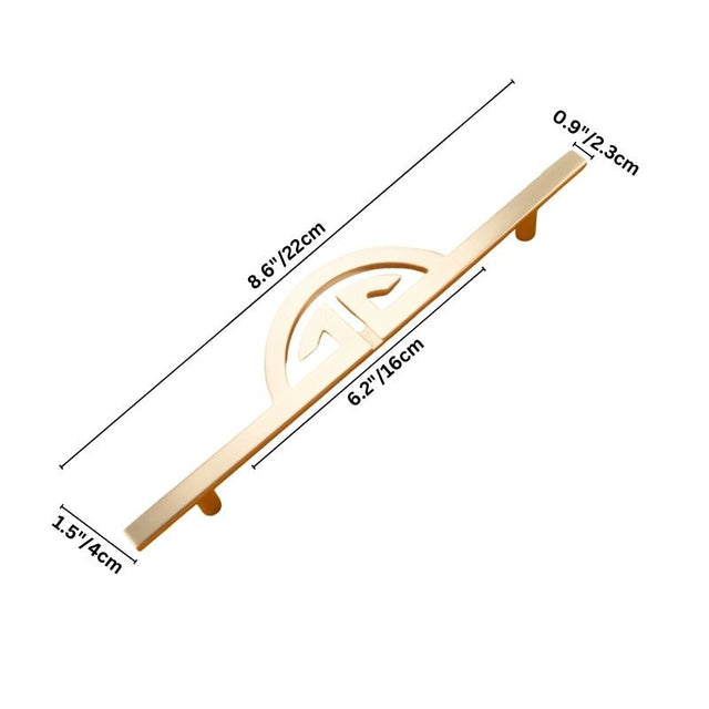 "A long, brushed gold, geometric pull bar with bold cutouts, made of zinc alloy, shown with dimensions."