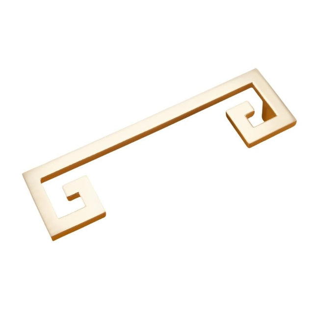 "A brushed gold, geometric pull bar with bold cutouts made of zinc alloy, isolated on a white background."