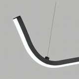 "Close-up detail of the wave-like bar of a modern LED pendant light, showing the sleek design and thin suspension cable."