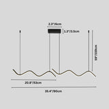 "A modern LED pendant light with fluid, wave-like bars, shown with dimensions of 35.4 inches in length and 20.8 inches in width."