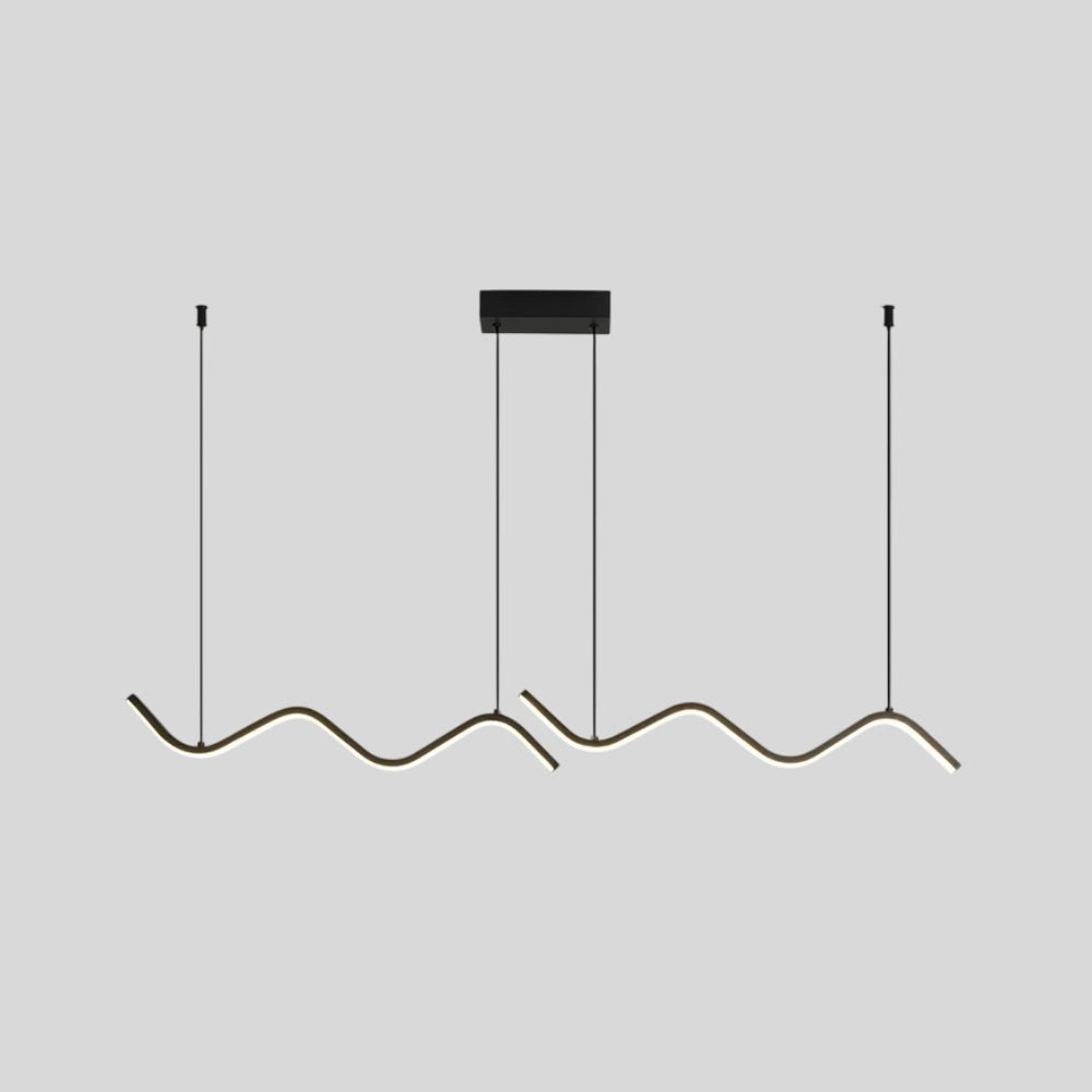 "A modern LED pendant light with fluid, wave-like bars, suspended from a rectangular canopy."