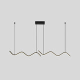 "A modern LED pendant light with fluid, wave-like bars, suspended from a rectangular canopy."