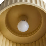"A close-up view of a ceiling light with a round bulb in the center, surrounded by a ribbed, dome-shaped shade."