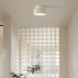 "A white ceiling light with a ribbed, cylindrical shade, shown installed on a white ceiling in a hallway with a glass block wall and a plant."