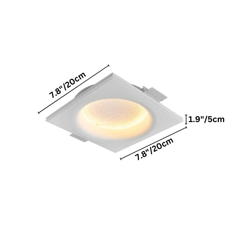 "A square white ceiling light with a recessed center, showing dimensions of 7.8 inches (20cm) in width and length, and 1.9 inches (5cm) in depth."