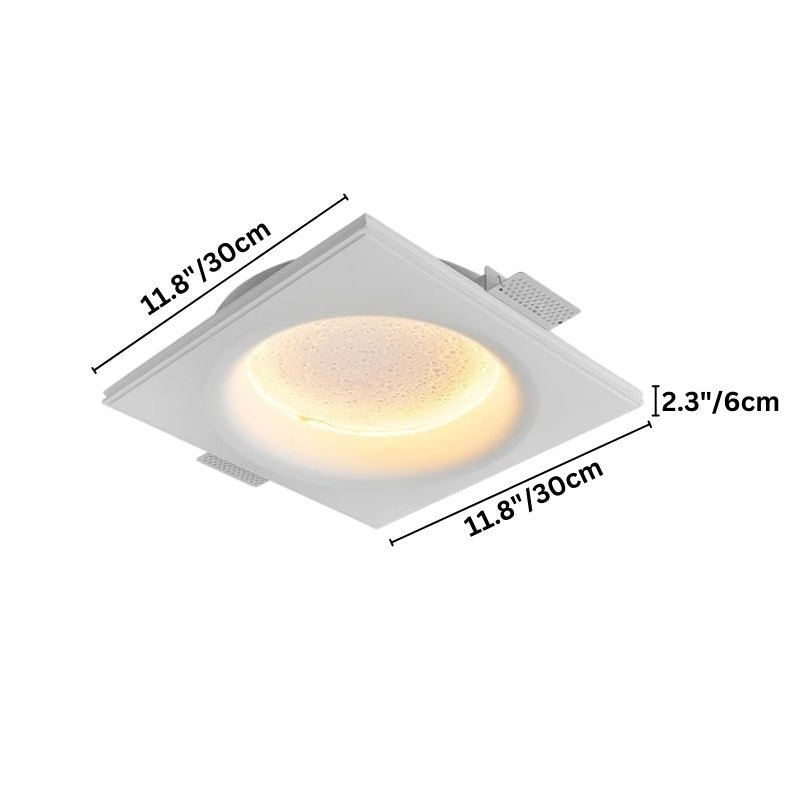 "A square white ceiling light with a recessed center, showing dimensions of 11.8 inches (30cm) in width and length, and 2.3 inches (6cm) in depth."