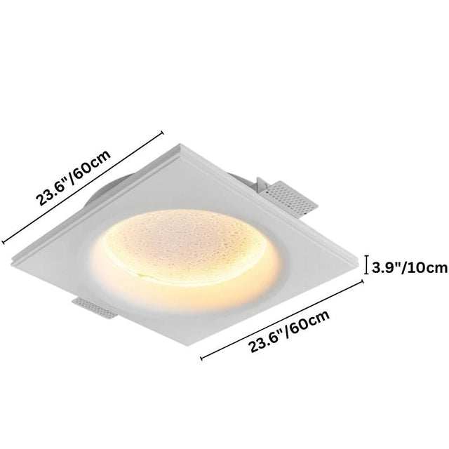 "A square white ceiling light with a recessed center, showing dimensions of 23.6 inches (60cm) in width and length, and 3.9 inches (10cm) in depth."