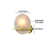 "Dimensions of a round alabaster wall lamp with brass frame: 11.8 inches (30 cm) in diameter, 5.9 inches (15 cm) wall depth, and 3.9 inches (10 cm) projection."