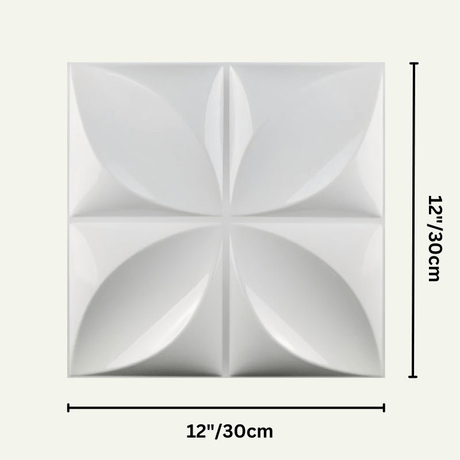 Zoban Wall Panel measuring 12x12 inches, featuring a 3D petal pattern in white PVC for stylish wall decor applications.