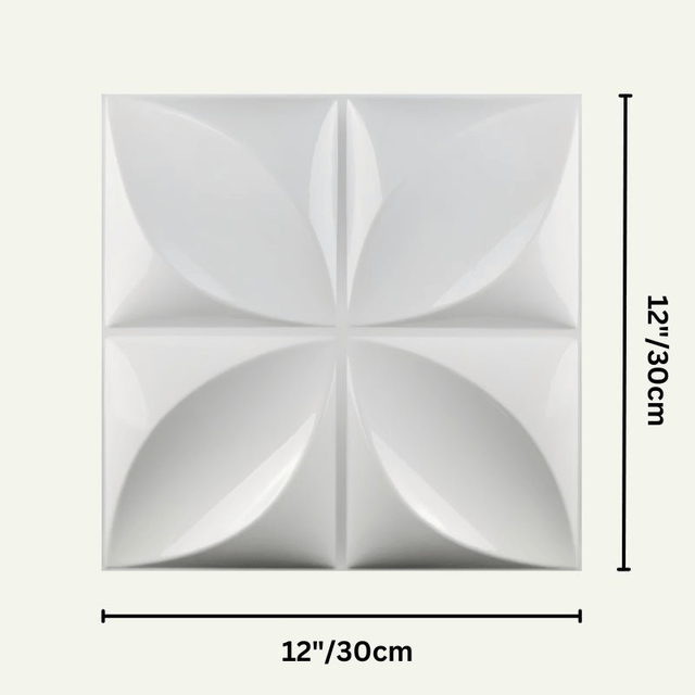 Zoban Wall Panel measuring 12x12 inches, featuring a 3D petal pattern in white PVC for stylish wall decor applications.