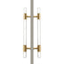 Brass and glass double-sided door pull handle mounted on gray pole against white background.