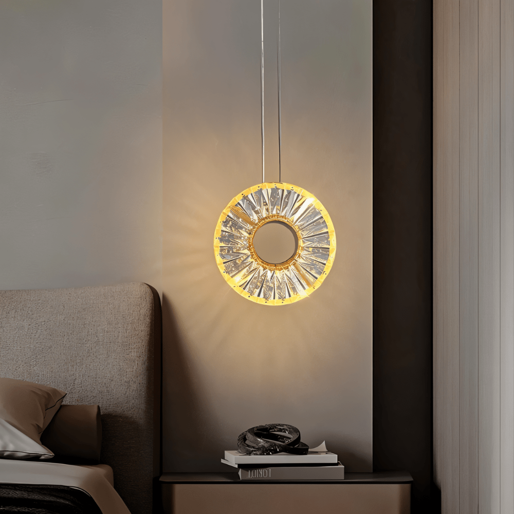 Zunel Pendant Light – Copper & Crystal Elegance single fixture beside a bed, casting warm ambient light in a cozy bedroom corner.