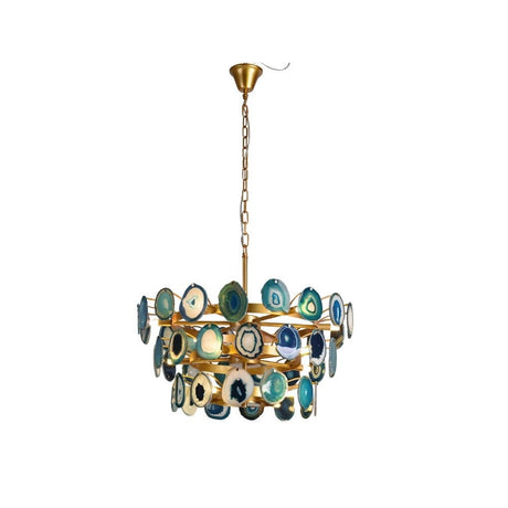 "Gold metal Zylan chandelier with layered circular design and blue agate slices, isolated on a white background."