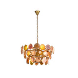 "Gold metal Zylan chandelier with layered circular design and warm-toned agate slices, isolated on a white background."