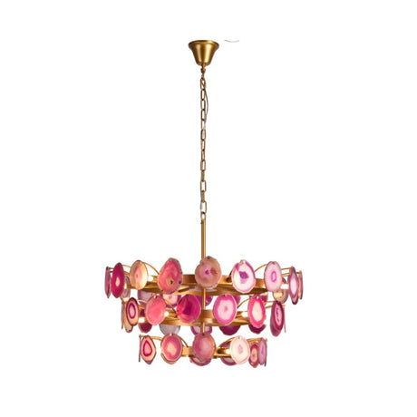 "Gold metal Zylan chandelier with layered circular design and light pink agate slices, isolated on a white background."