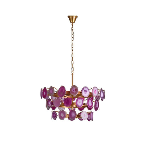 "Gold metal Zylan chandelier with layered circular design and purple agate slices, isolated on a white background."