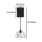 "Dimensions of a modern black wall lamp with a straight arm and clear glass shade: 14.1 inches in height, 6.8 inches in width, and 8.6 inches in depth."