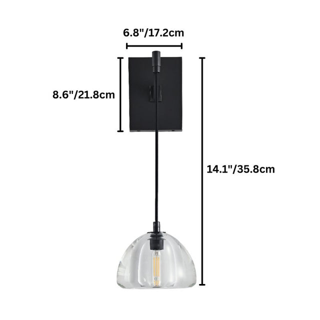 "Dimensions of a modern black wall lamp with a straight arm and clear glass shade: 14.1 inches in height, 6.8 inches in width, and 8.6 inches in depth."