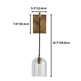 "Dimensions of a modern wall lamp with a straight arm, clear glass shade, and rectangular backplate: 15.7 inches in height, 5.3 inches in width, and 7.6 inches in depth."
