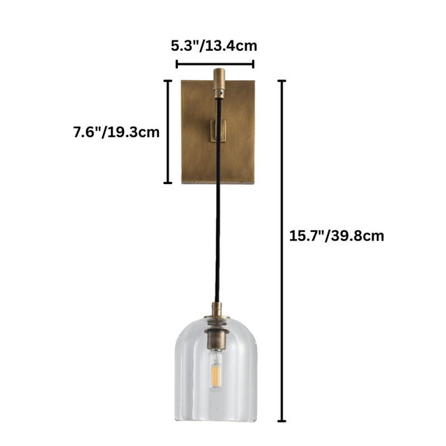 "Dimensions of a modern wall lamp with a straight arm, clear glass shade, and rectangular backplate: 15.7 inches in height, 5.3 inches in width, and 7.6 inches in depth."
