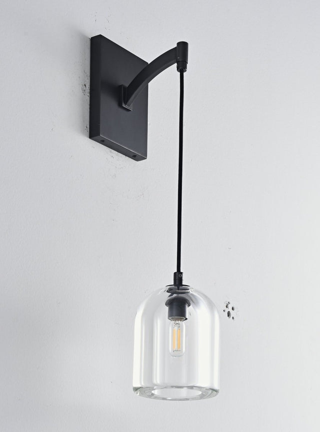 "A modern black wall lamp with a dome-shaped clear glass shade, blending elegance and minimalist design with a curved arm and rectangular base."