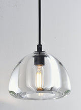 "A modern glass dome wall lamp with a clear shade and a visible light bulb, hanging from a black cord."