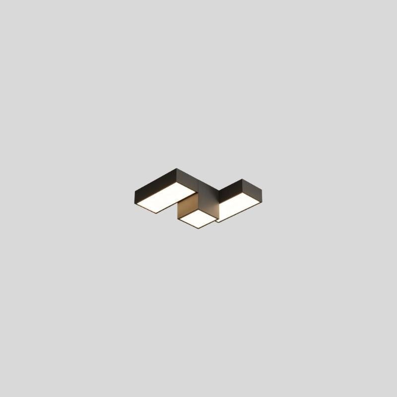 "A dark-colored geometric ceiling light with interlocking rectangular forms, isolated against a neutral background, showcasing its modern design."