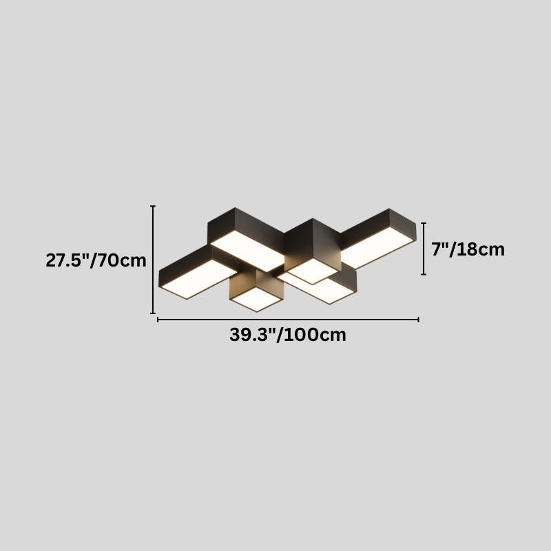 "A diagram showing the dimensions of a 39.3 inch (100cm) geometric ceiling light, including length, width, and depth in inches and centimeters."