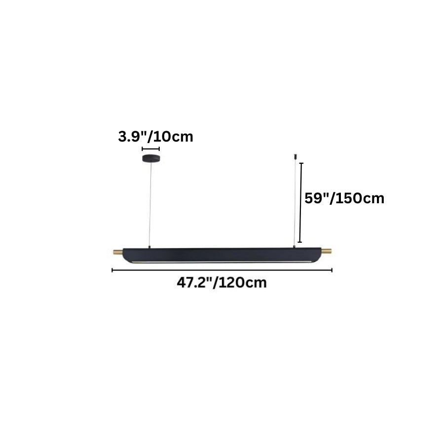 "Diagram showing the dimensions of a modern pendant light with a 47-inch long frame and measurements in inches and centimeters."