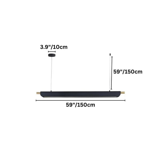 "Diagram showing the dimensions of a modern pendant light with a long, thin frame and measurements in inches and centimeters."