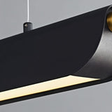 "Modern pendant light with a black curved frame showing the light source illuminating from underneath."