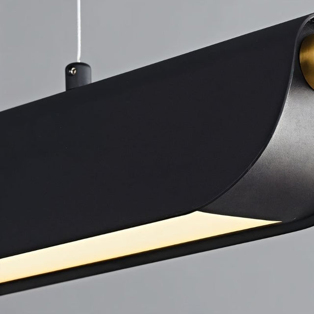"Modern pendant light with a black curved frame showing the light source illuminating from underneath."