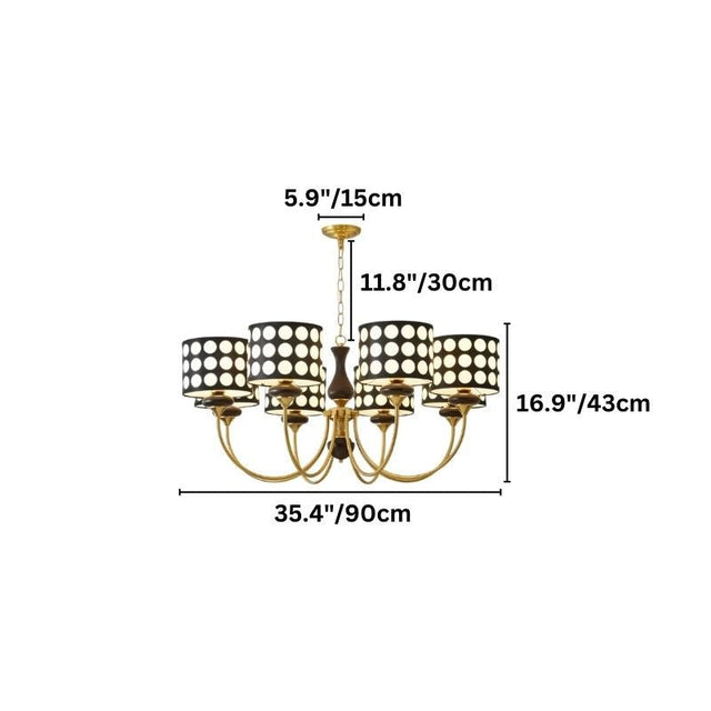 "A six-light chandelier with black polka dot shades and a brass frame is displayed on a white background with size dimensions overlaid."