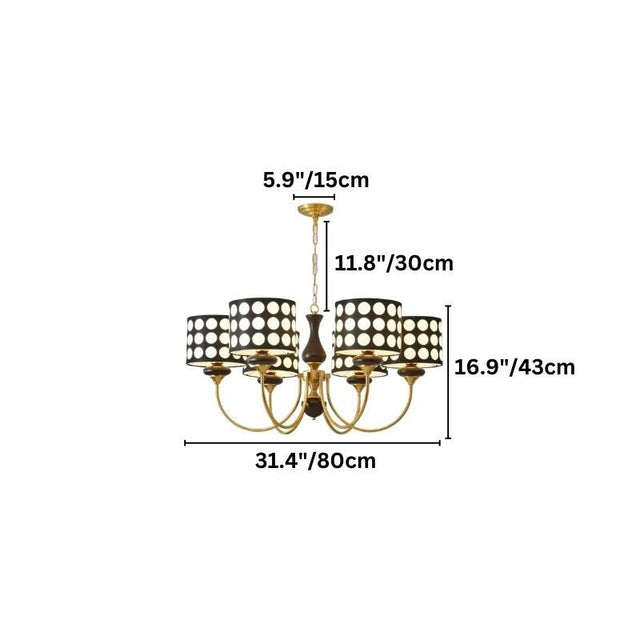 "A six-light chandelier with black polka dot shades and a brass frame is displayed on a white background with size dimensions overlaid."
