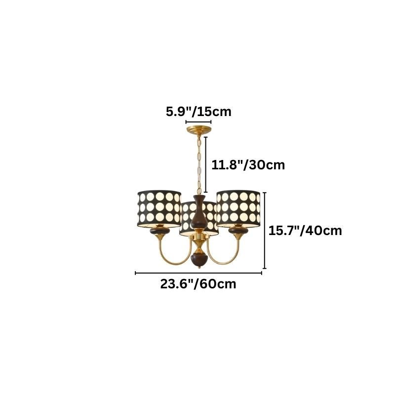 "A three-light chandelier with black polka dot shades and a brass frame is displayed on a white background with size dimensions overlaid."
