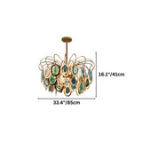 "An agate chandelier with an intricate iron frame, showing product dimensions."