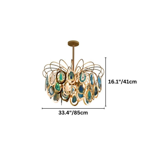 "An agate chandelier with an intricate iron frame, showing product dimensions."